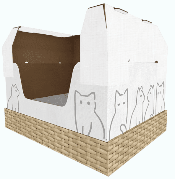 A cardboard box with cats drawn on it