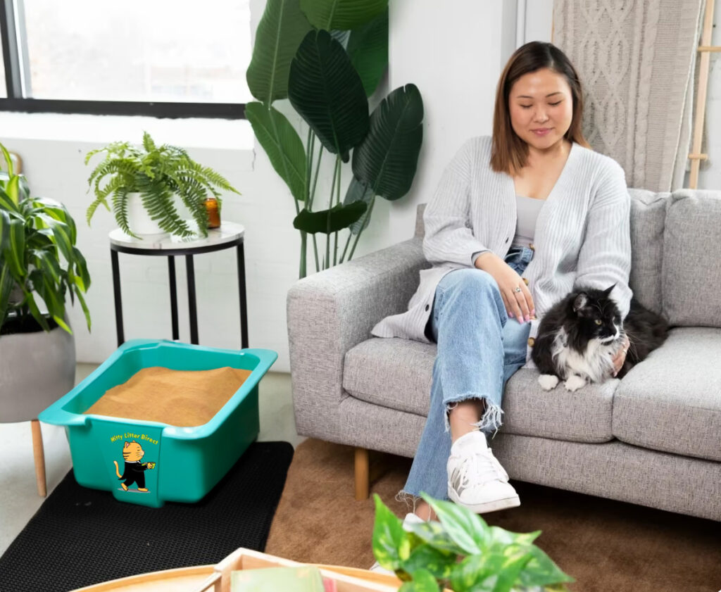 A woman sitting on top of a couch with her cat.